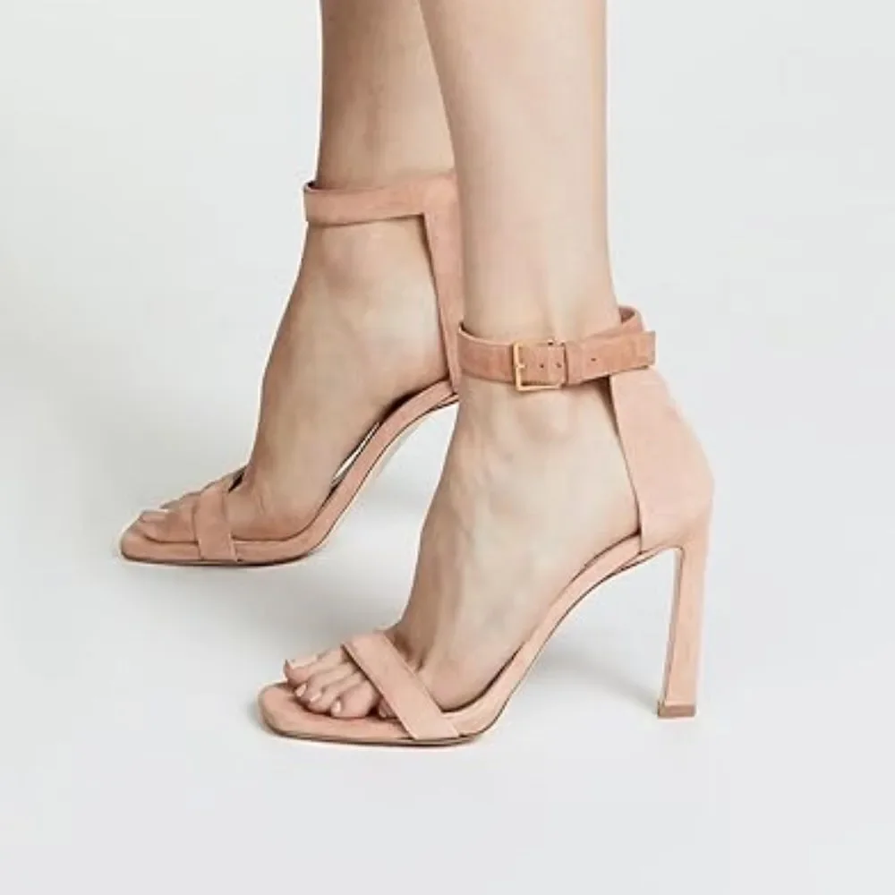 NWB Stuart Weitzman 100 Square Nudist Nude Suede Heels Sandals Shoes 8.5 M